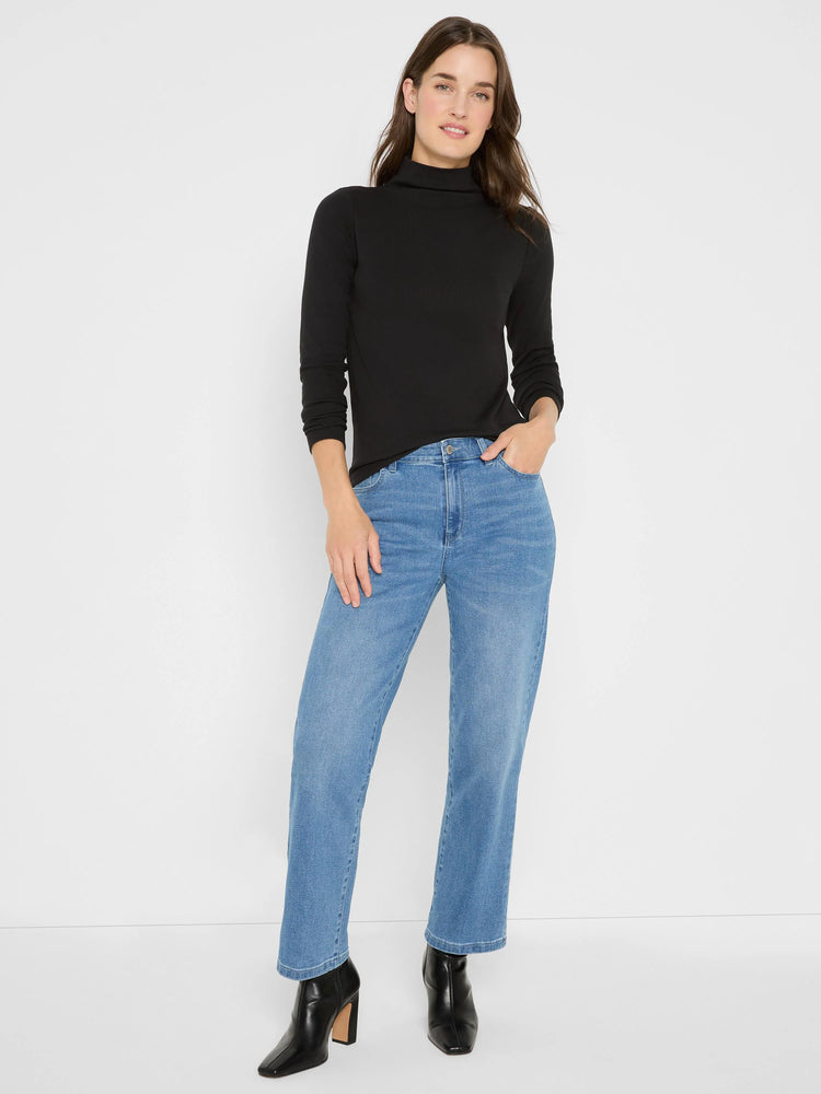 Black ribbed knit long sleeve mock neck tee.