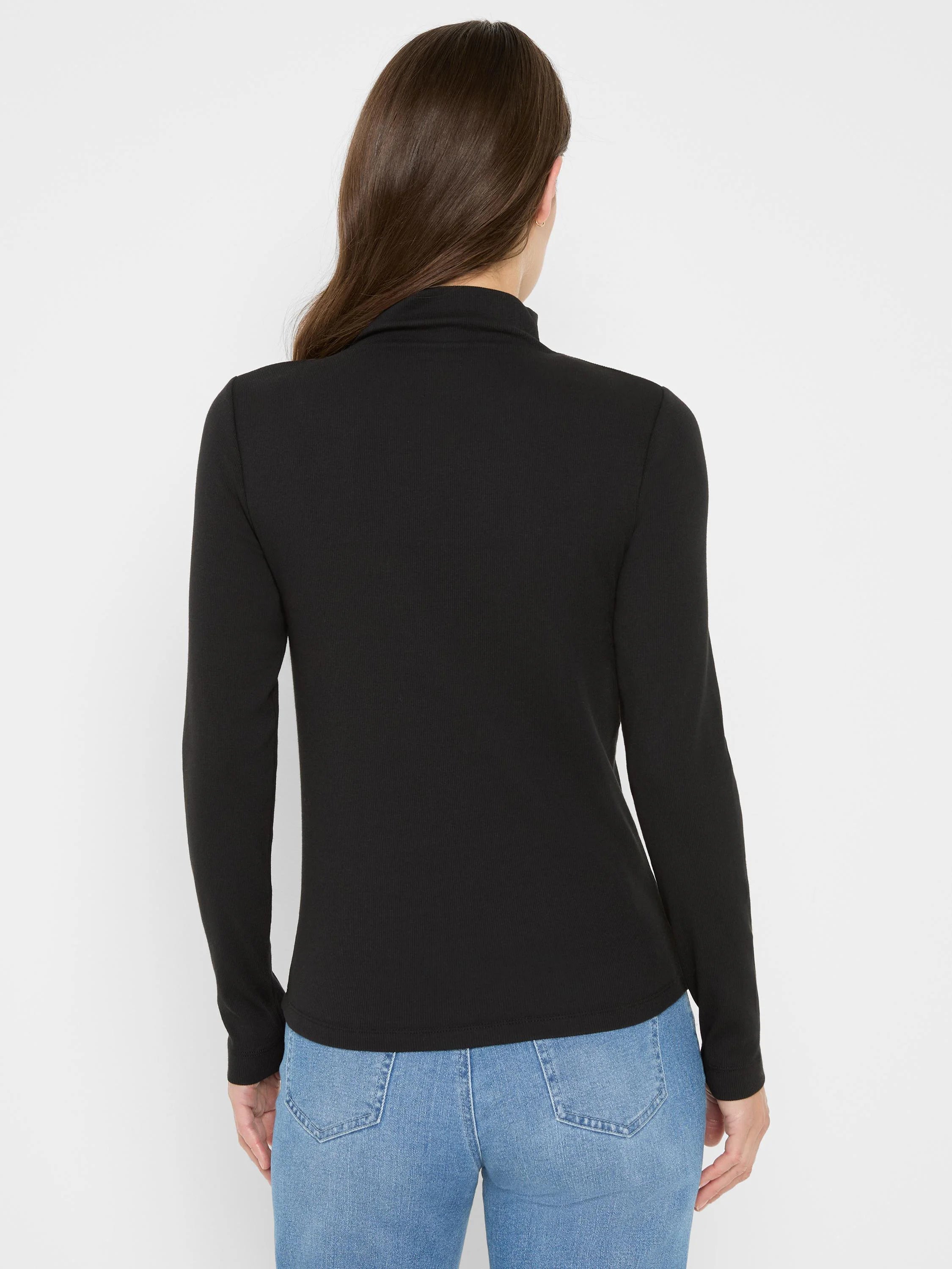 Black ribbed knit long sleeve mock tee, seen from the back.