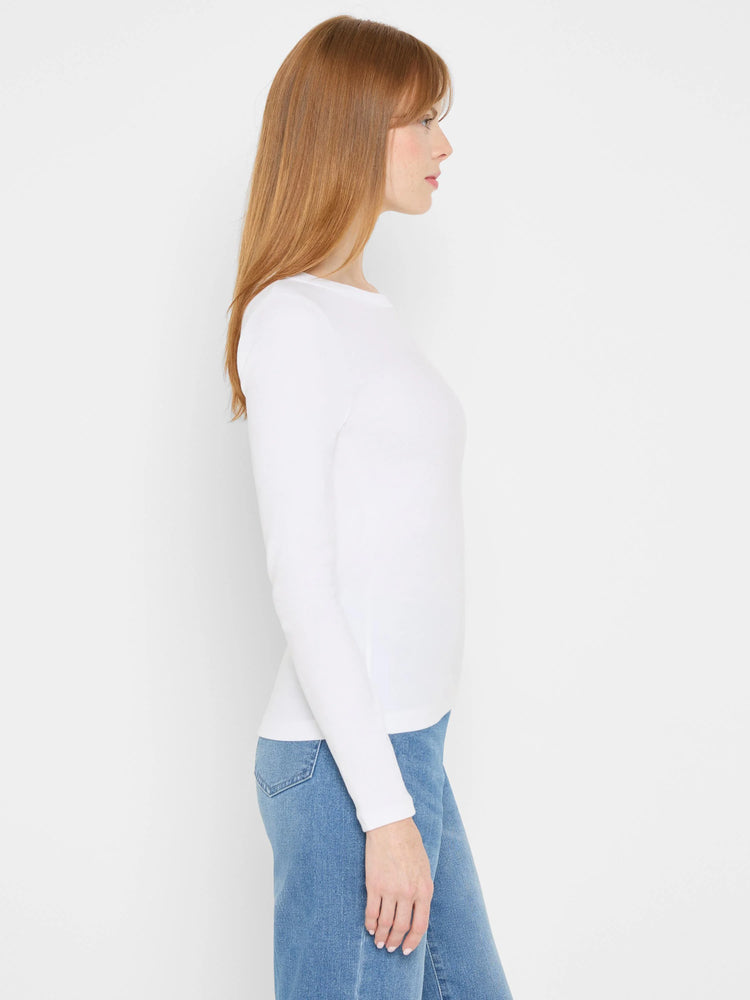 White ribbed knit long sleeve crew neck tee.