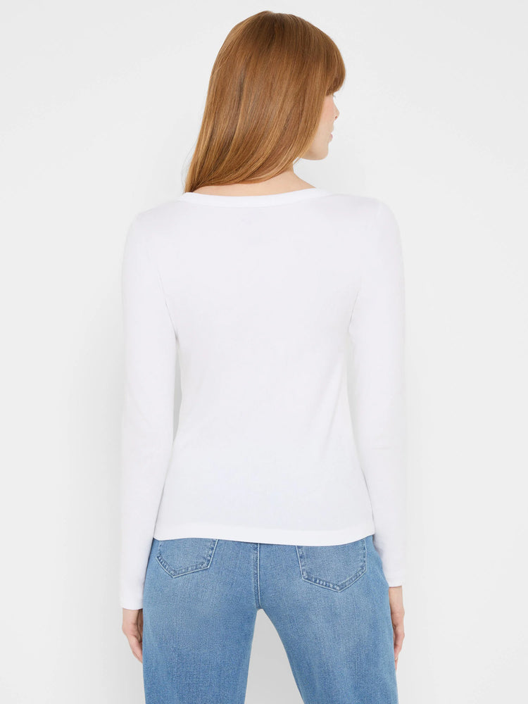 White ribbed long sleeve crew neck tee shown from the back.
