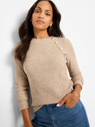 Light tan waffle knit thermal top with three gold buttons on the left shoulder.