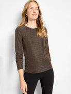 Brown and gold metallic knit top with long sleeves and a boat neckline.