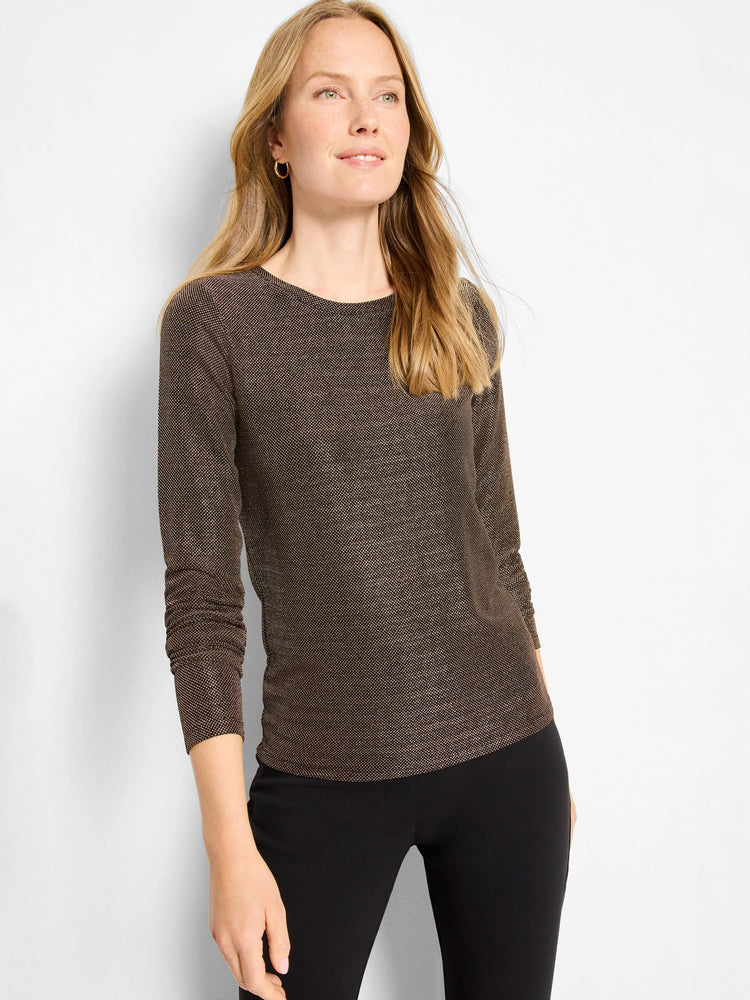 Brown and gold metallic knit top with long sleeves and a boat neckline.