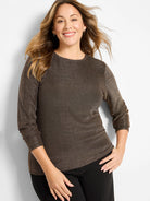 Dark bronze knit top with shimmering gold speckle pattern, crew neck, 3/4 sleeves.