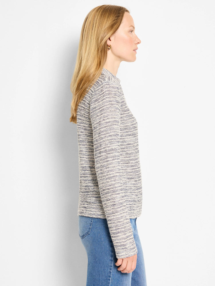 Long-sleeved top, cream and blue marl textured knit with horizontal striped pattern.