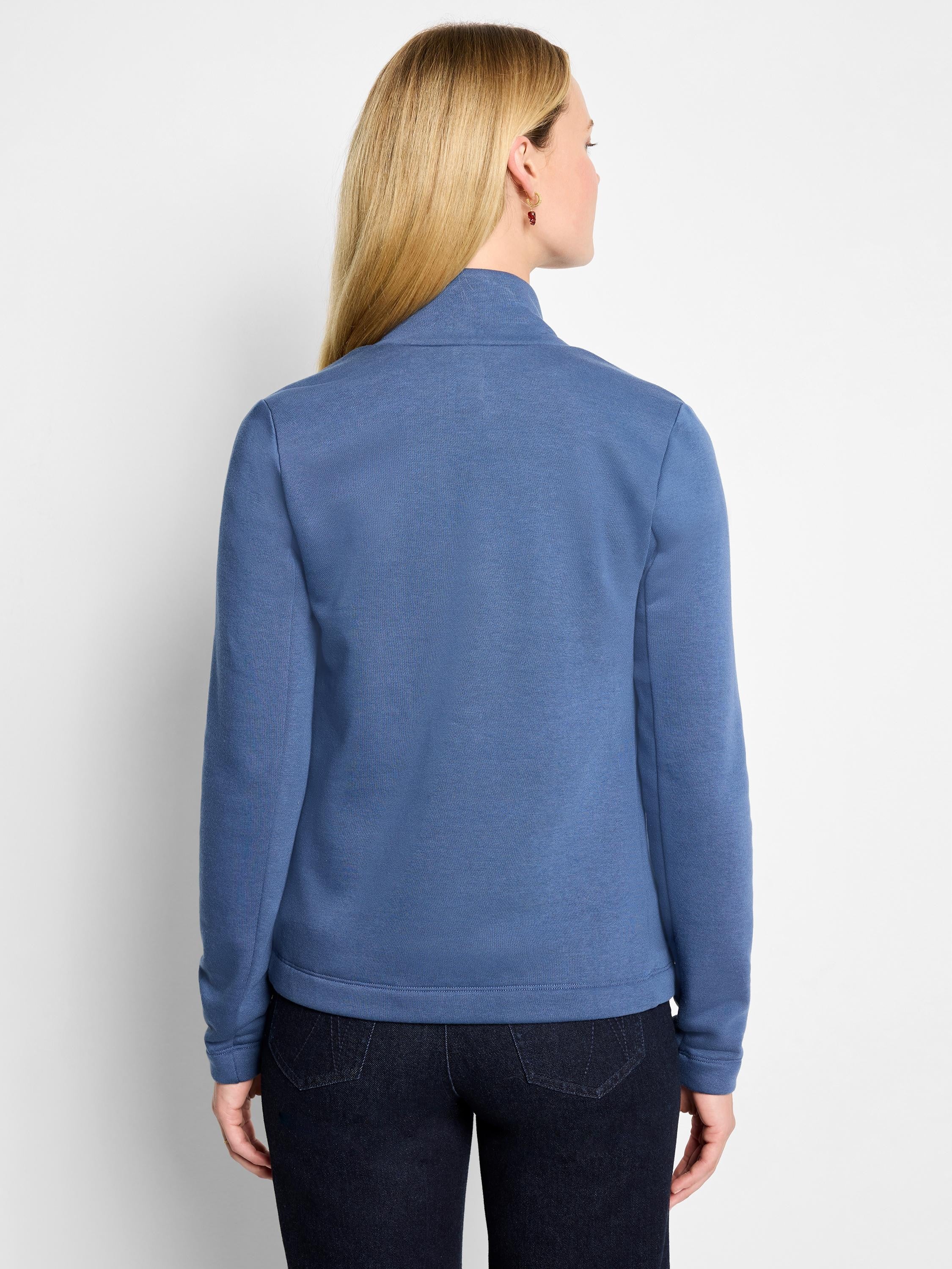 Muted blue knit jacket with a mock neck, long sleeves, and ribbed hem, shown from the back.