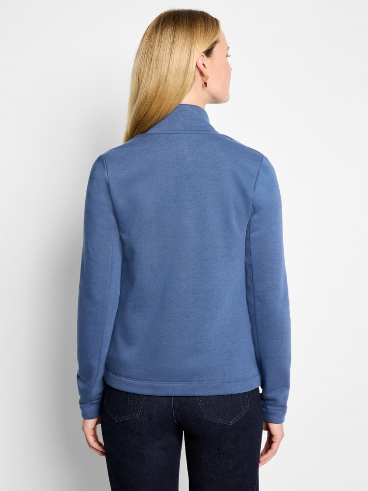 Muted blue knit jacket with a mock neck, long sleeves, and ribbed hem, shown from the back.
