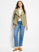 Olive green open front jacket with a draped collar and long sleeves.