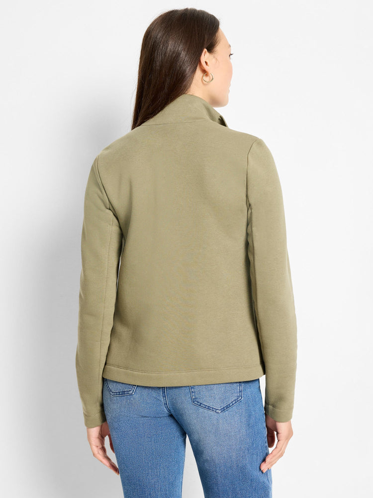 Olive green knit moto jacket, back view on model, with stand collar & ribbed texture.