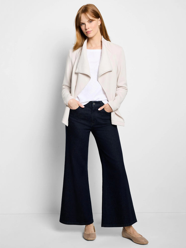 Pale beige jacket with a draped open front and moto-style collar.