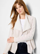 Off-white lounge moto jacket with a soft, draped open front and wide lapels.