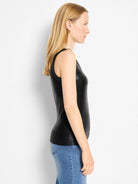 Black glazed ribbed tank top, form-fitting.