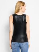 Black, sleeveless ribbed tank top with a shimmering, glazed finish.