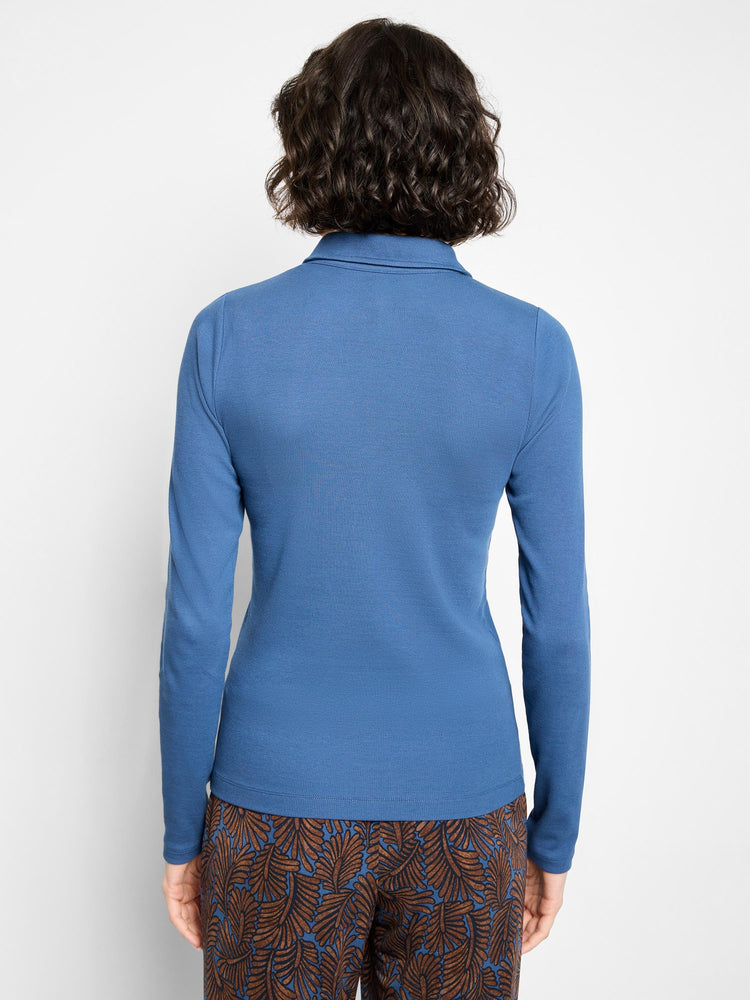Back view of a fitted blue rib knit long-sleeve polo shirt with a collar.
