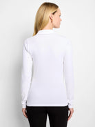 White long-sleeve ribbed knit polo, slim fit, back view on model.