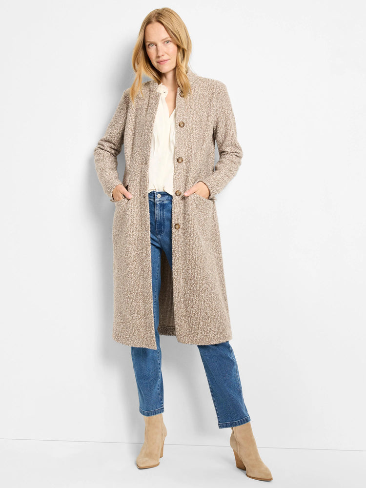 Long oatmeal tweed knit topcoat with a nubby texture, button-front closure, stand collar, and front patch pockets.