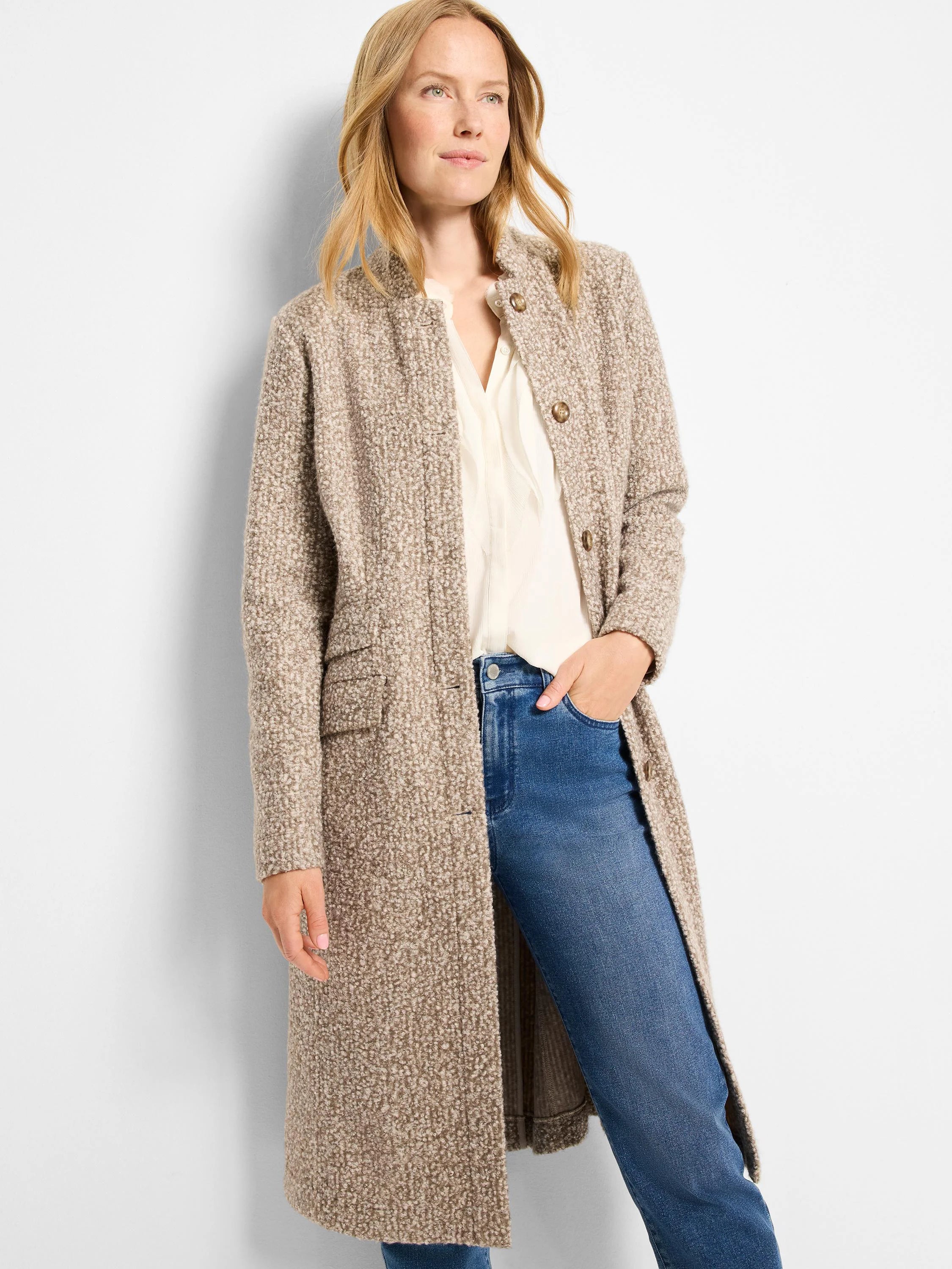 Oatmeal sherpa tweed knit topcoat, long, with front buttons and patch pockets.
