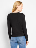 Black knit long-sleeve top with a crew neck, shown on a model from behind.
