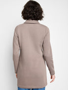 Taupe long jacket with structured collar and long sleeves, shown from the back.