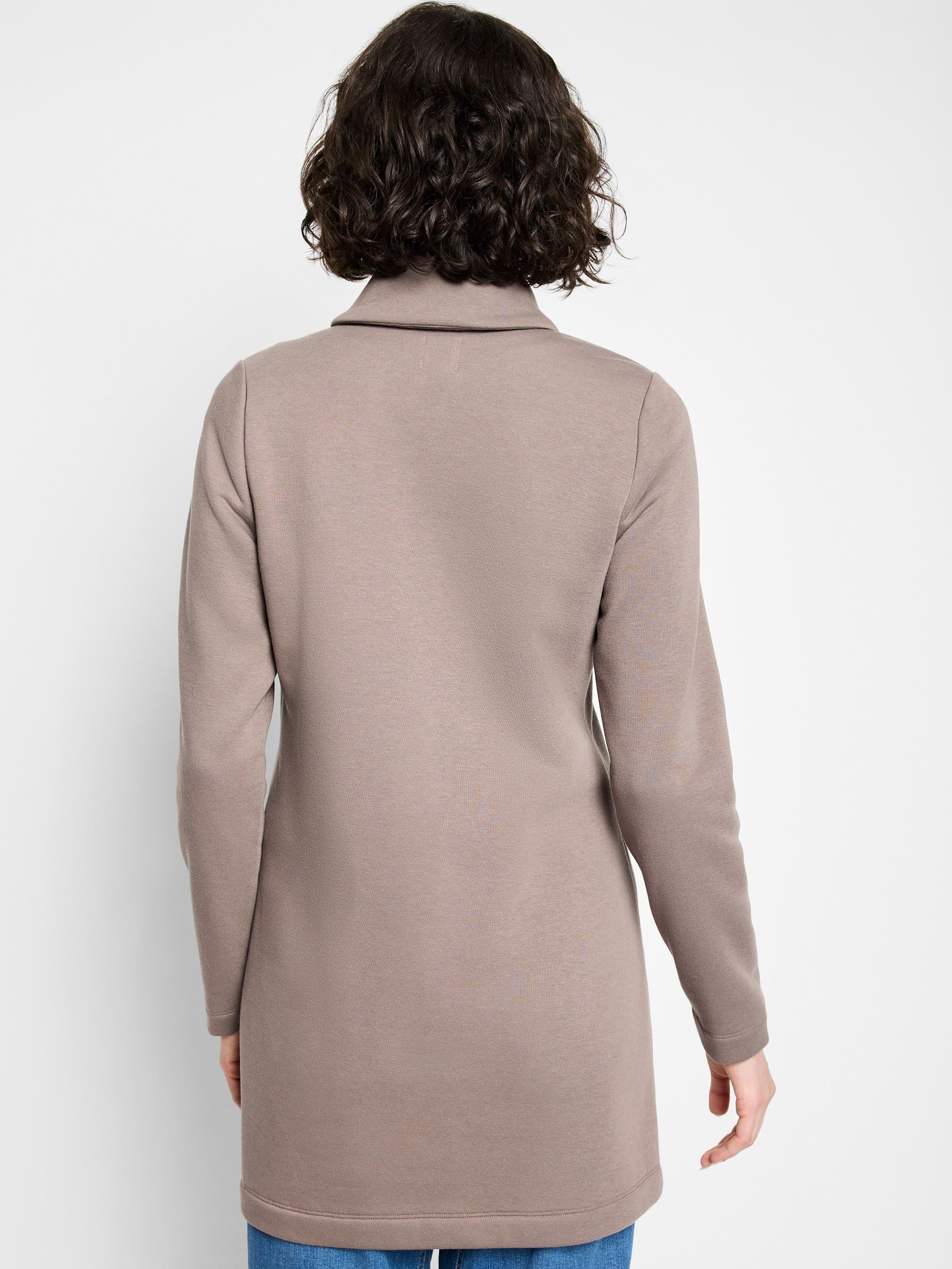 Taupe long jacket with structured collar and long sleeves, shown from the back.