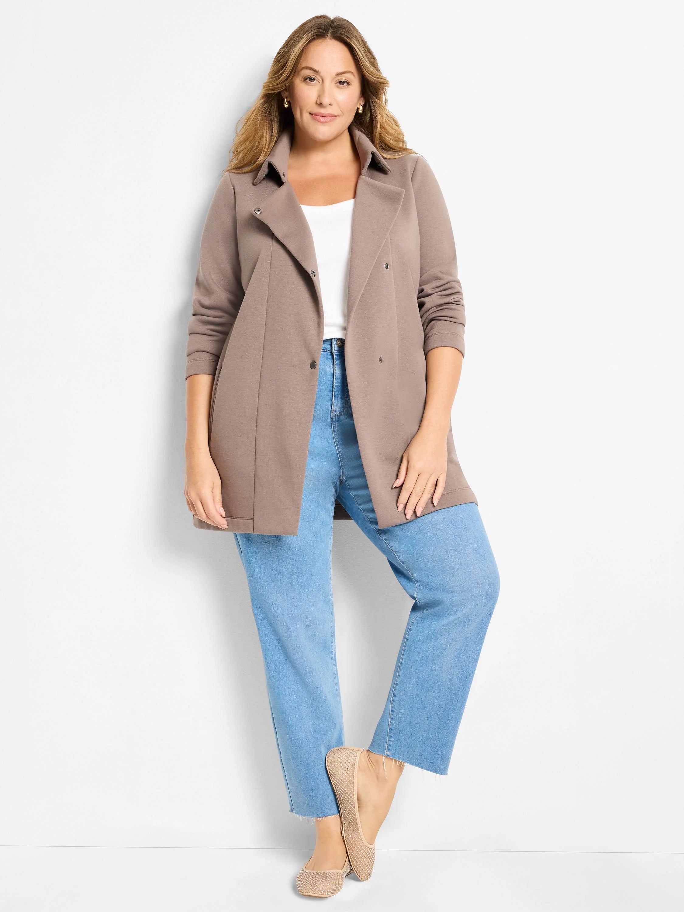 Taupe longline jacket with wide lapels and front snap details.
