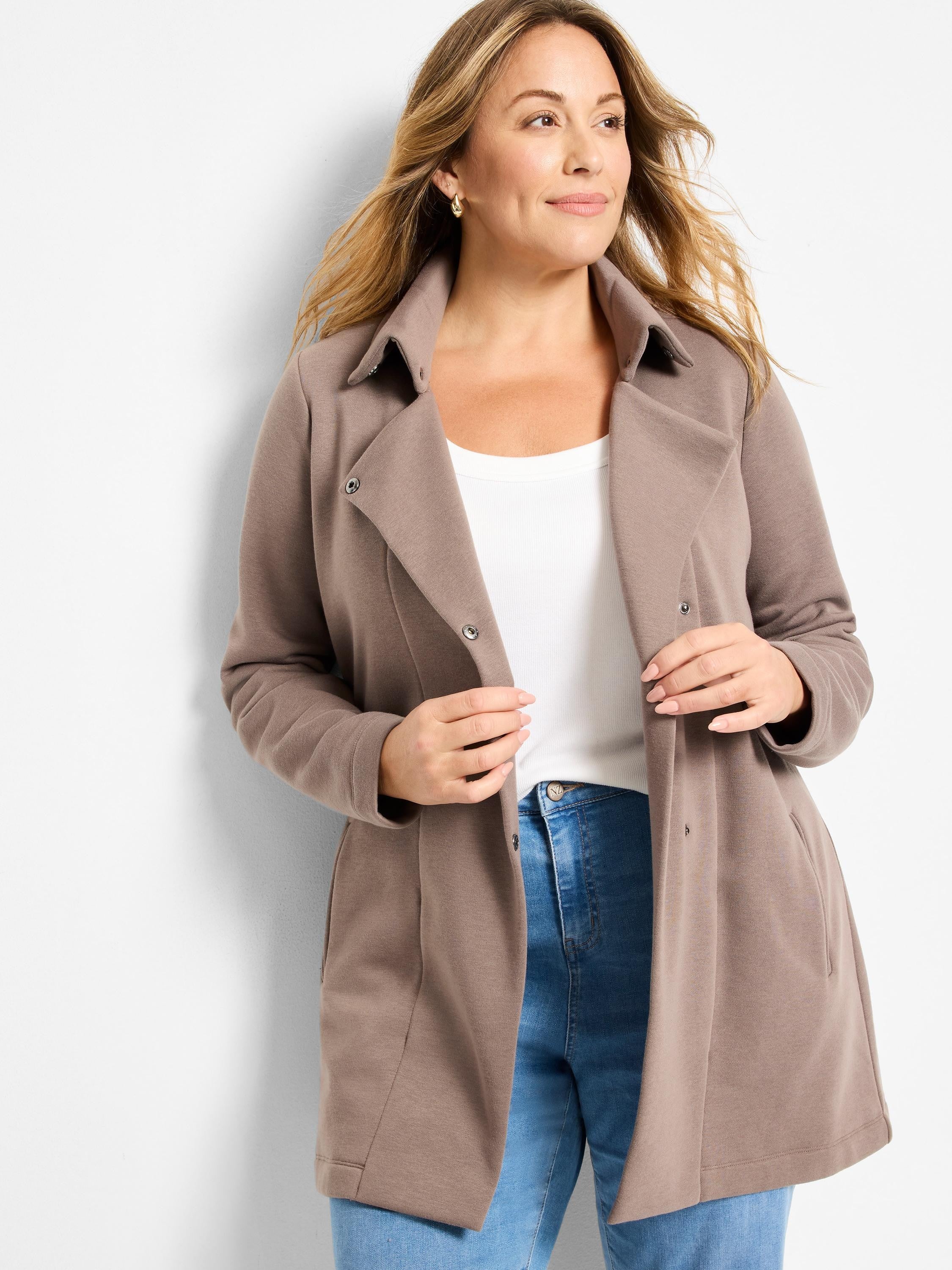 Taupe mid-length jacket with a collar and silver front snaps, worn open.
