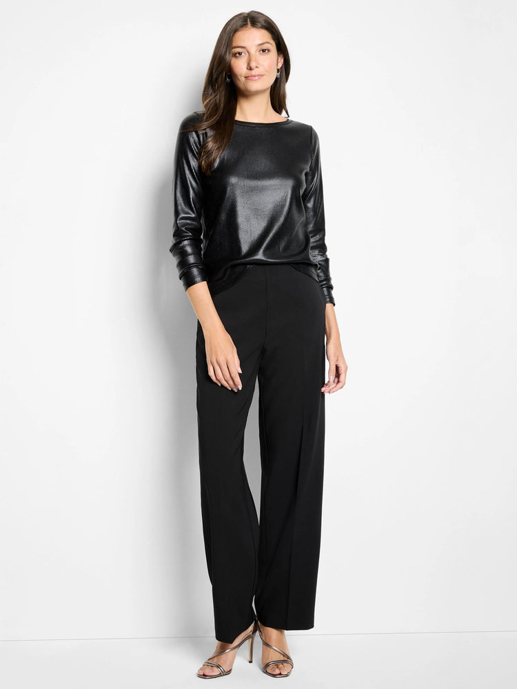 Dark, glazed ribbed boat neck top with long sleeves.