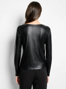 Black long-sleeve boat neck tee with a subtle, vertically ribbed texture and a luminous finish.