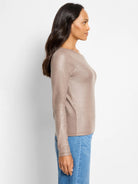 Glazed taupe ribbed long sleeve boat neck tee.