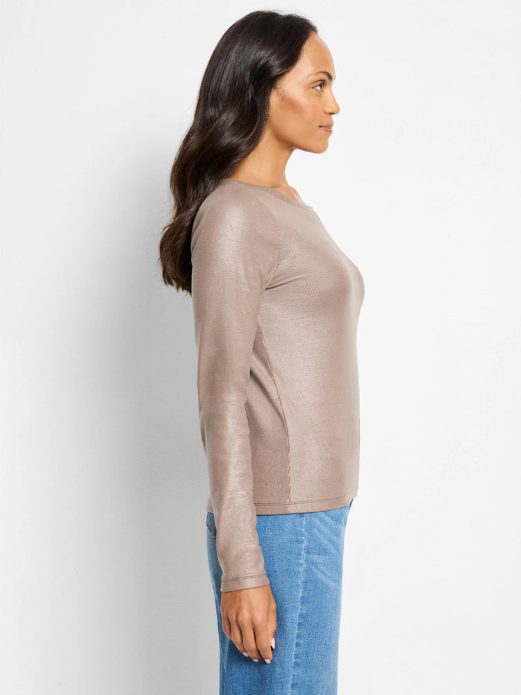 Glazed taupe ribbed long sleeve boat neck tee.