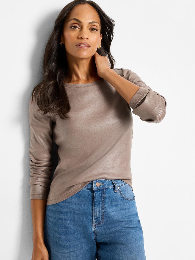 Glazed taupe ribbed boat neck tee with long sleeves.