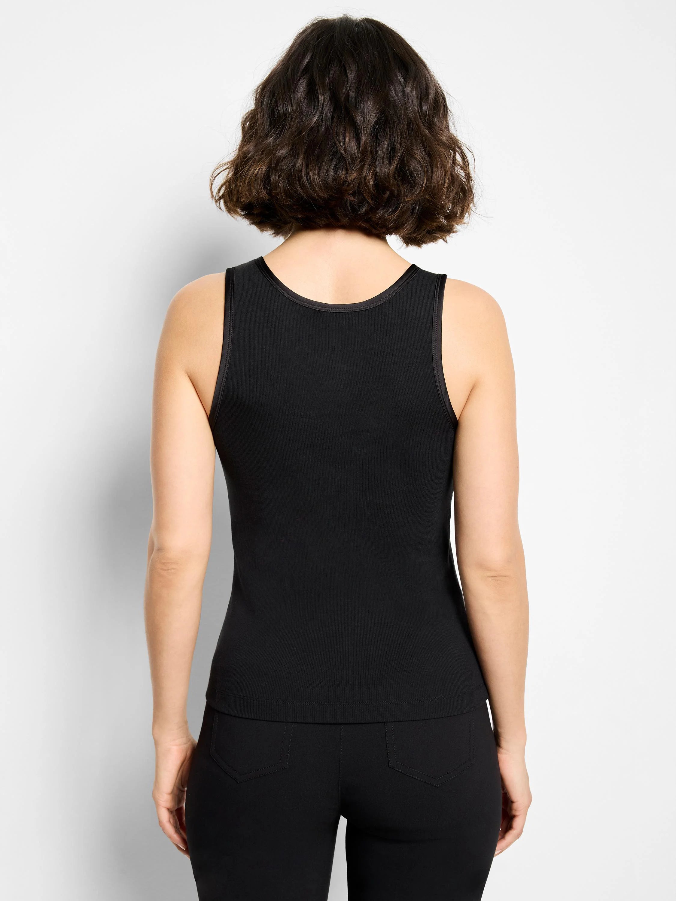 Black, fitted, ribbed knit tank top. Features smooth black trim on the rounded neckline and armholes.