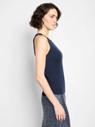 Navy blue ribbed knit tank top with a scoop neck and trimmed armholes.