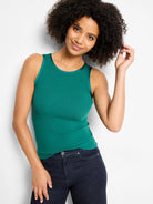 Dark green ribbed knit tank with glossy, darker green trim at the round neck and armholes.