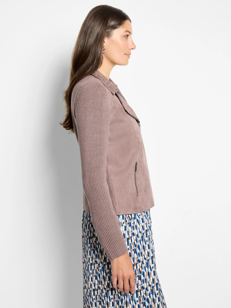 Mauve moto jacket with faux suede body and ribbed knit sleeves. Features an asymmetrical zipper and front zip pocket.