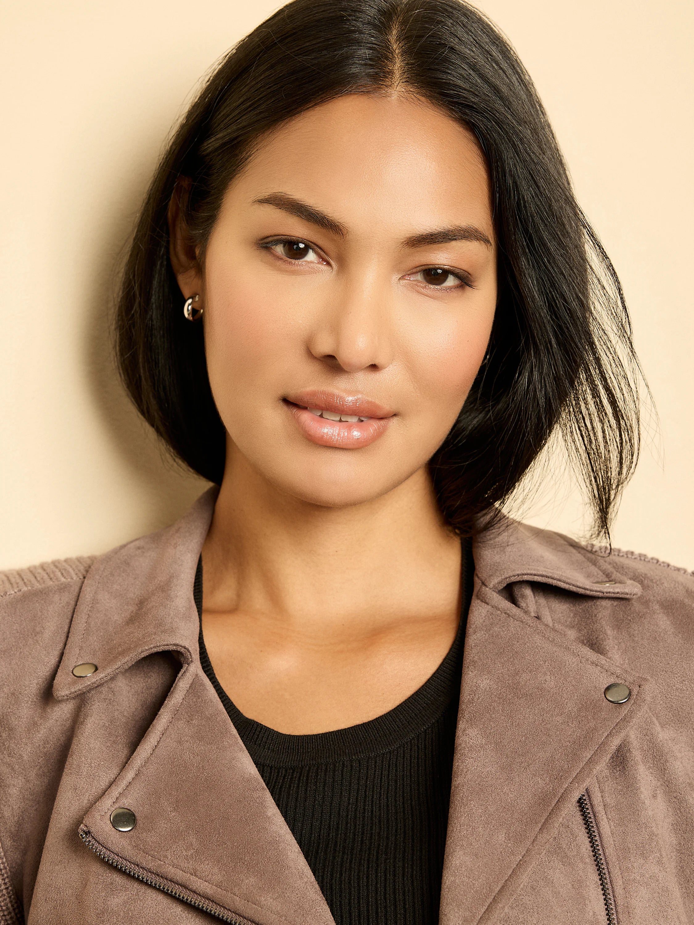 Mauve-brown mixed media moto jacket, suede-like with ribbed knit. Features asymmetrical zipper and silver snaps.