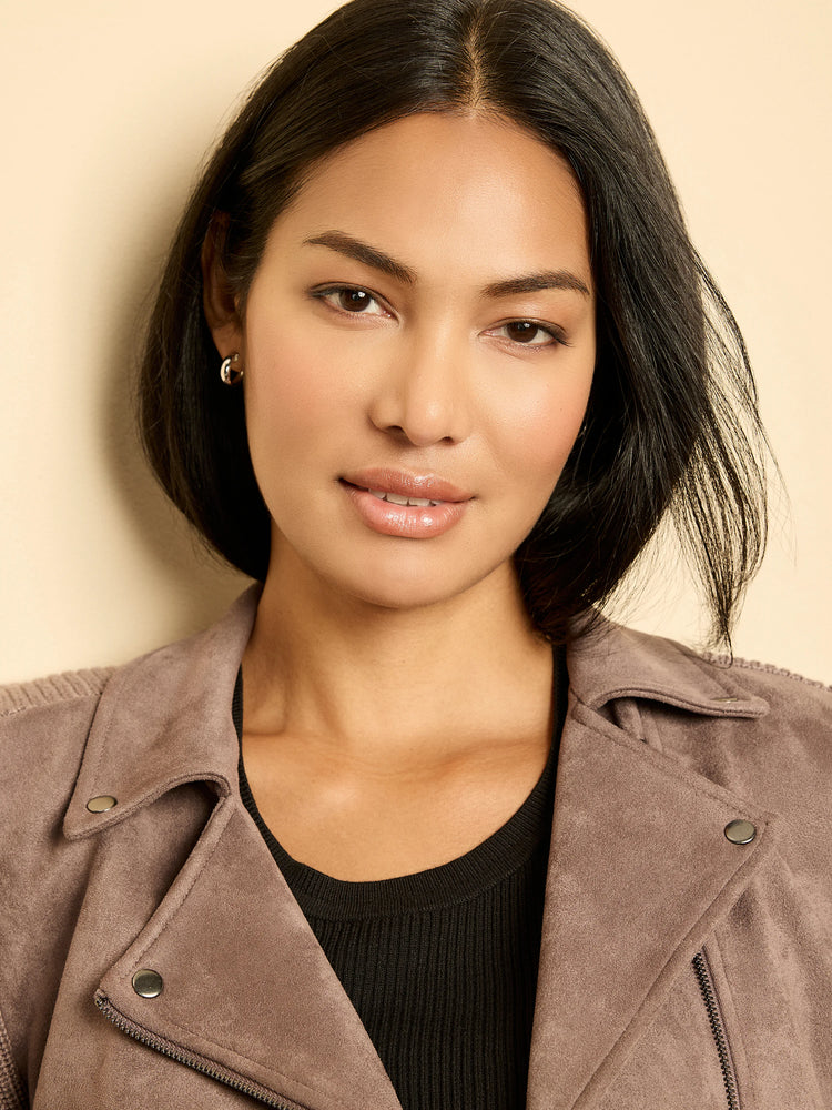 Mauve-brown mixed media moto jacket, suede-like with ribbed knit. Features asymmetrical zipper and silver snaps.