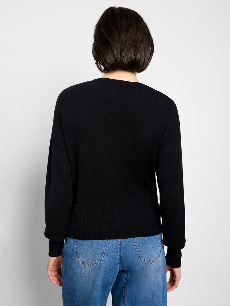 Back view of a black pure cotton cardigan. It features a fine knit body with ribbed cuffs and hem.