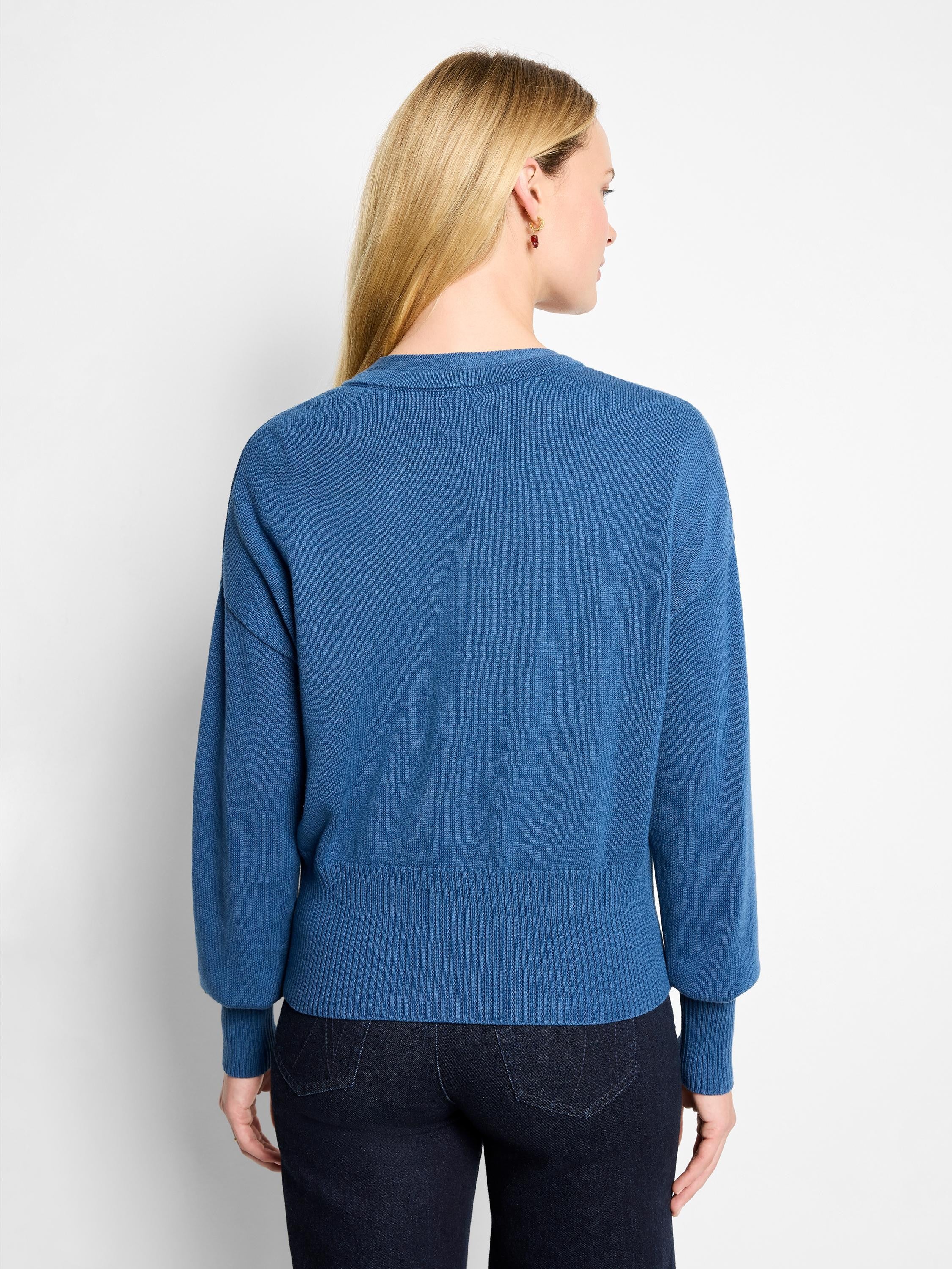 Blue pure cotton cardigan with a fine knit texture, ribbed hem, and cuffs.