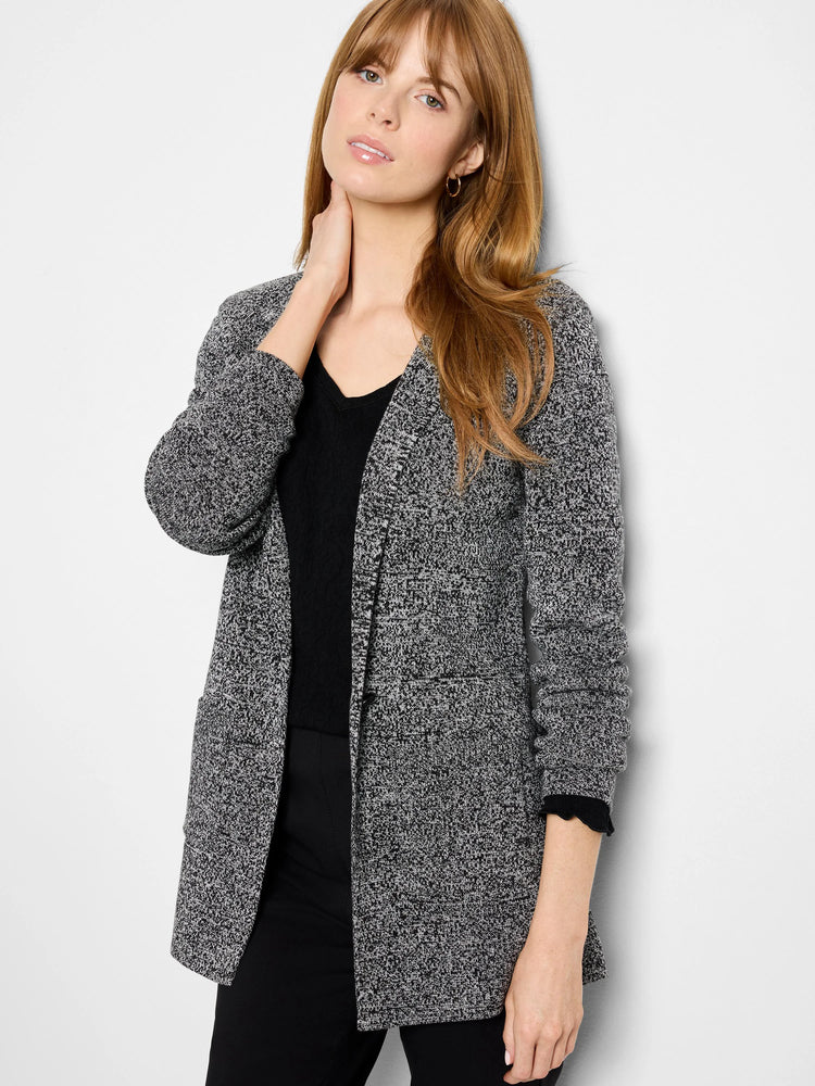 Heathered gray knit blazer. Open-front, long sleeves, with two front pockets.