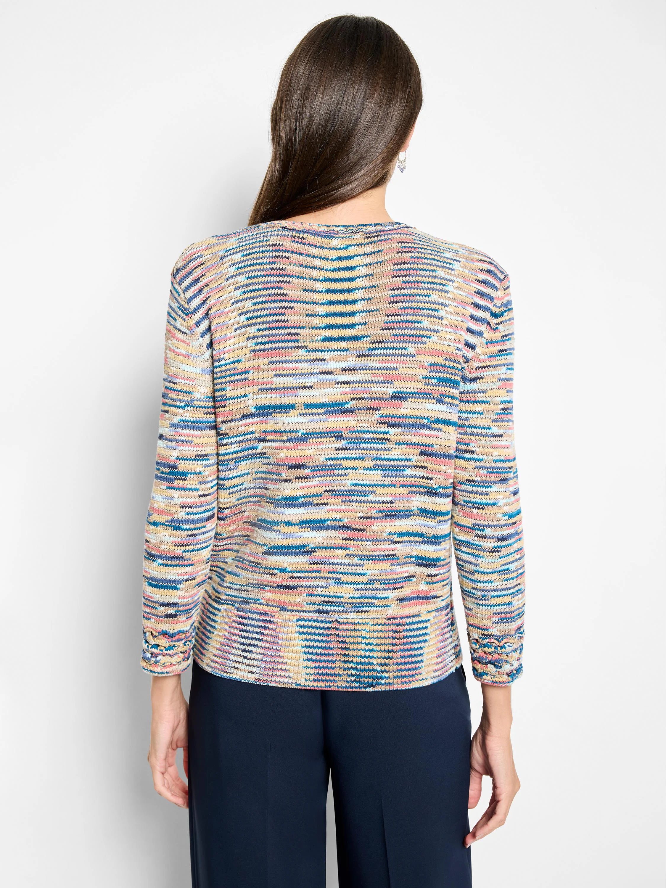 V-neck sweater: multi-color knit with wavy horizontal stripes (blue, pink, yellow). Back view.