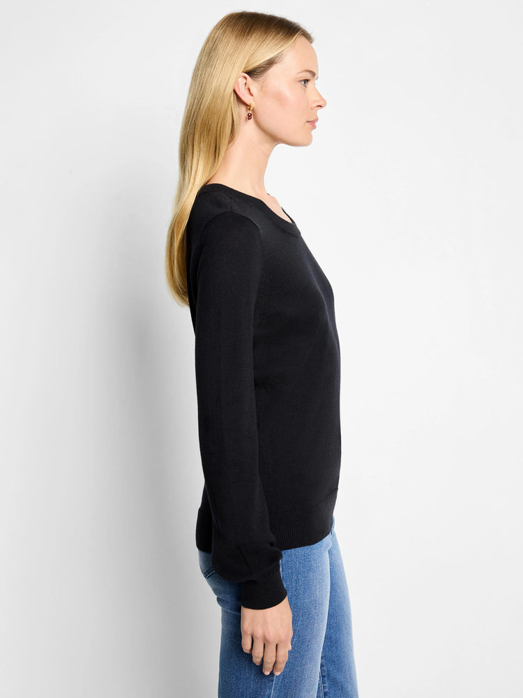 Black long-sleeved crew neck sweater. Features ribbed cuffs and hem.