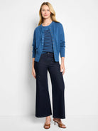 Navy pure cotton sweater tee with medium blue horizontal stripes.