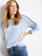 Light blue knit sweater with ruffles along shoulders and down sleeves.