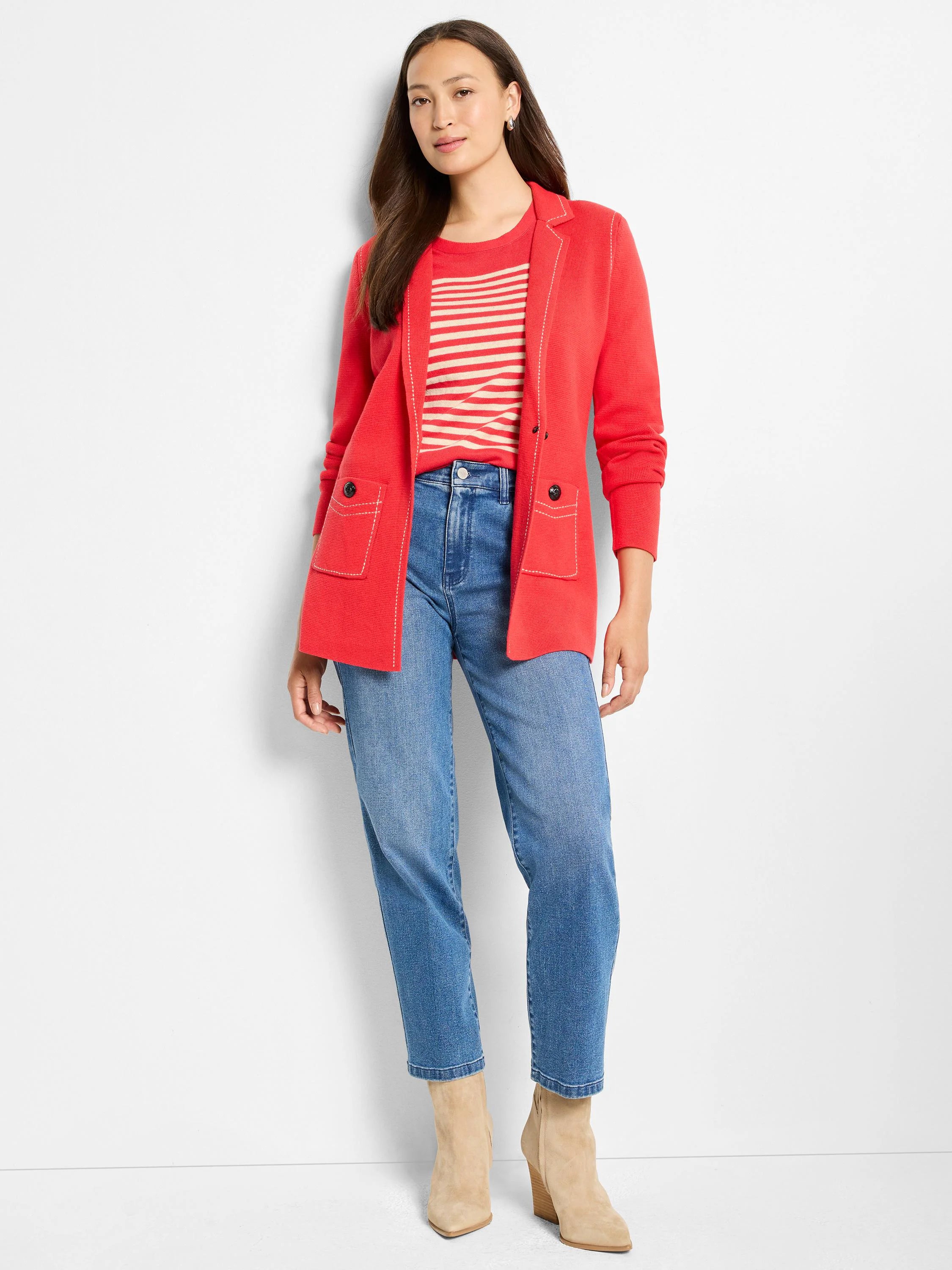 Red knit blazer with white contrast stitching outlining lapels, front, and patch pockets with dark buttons.