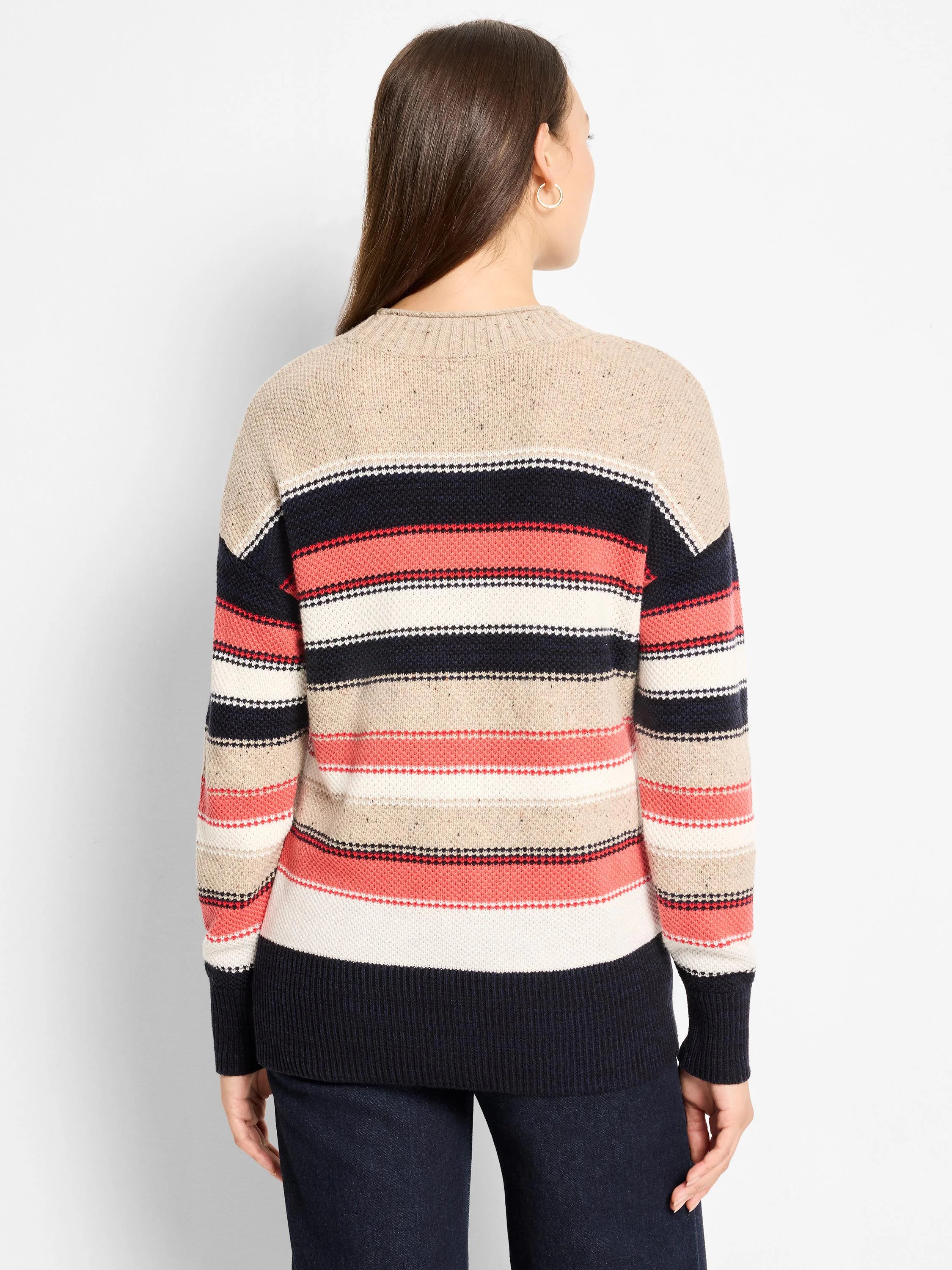 Back view of a speckled knit striped sweater. Features horizontal stripes in speckled beige, navy, coral, and white, with...