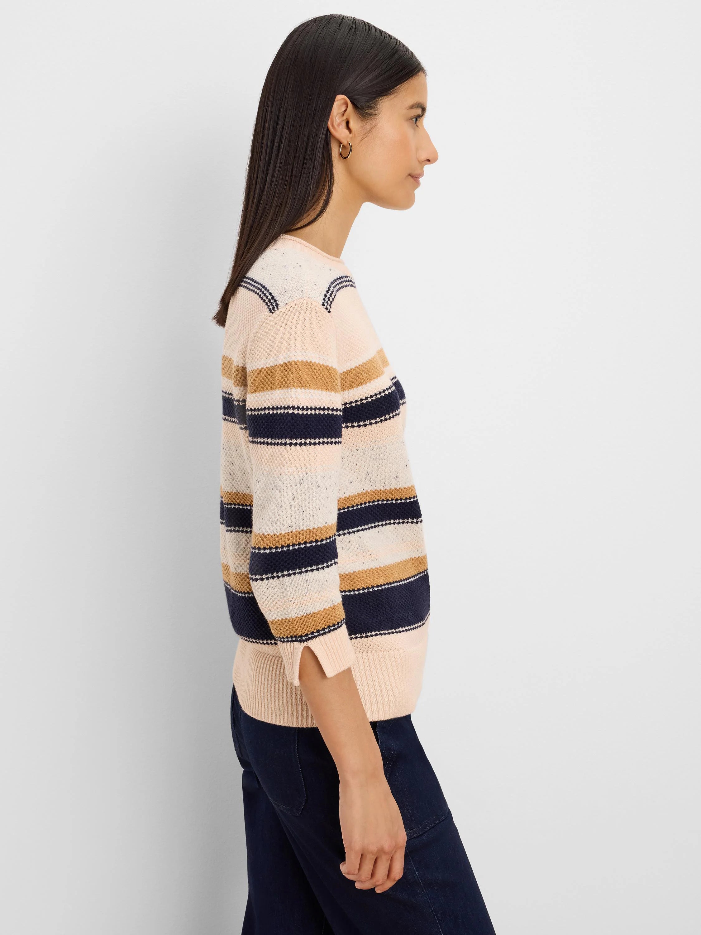 Light speckle-knit sweater with navy and tan mixed horizontal stripes, 3/4 sleeves.