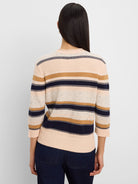 Peach sweater with horizontal navy and golden brown stripes; some navy stripes have thin white lines. Has 3/4 sleeves and...