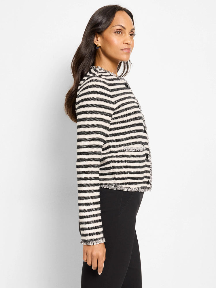 Black and cream striped knit jacket with fringe trim on collar, placket, pockets, hem, and cuffs.
