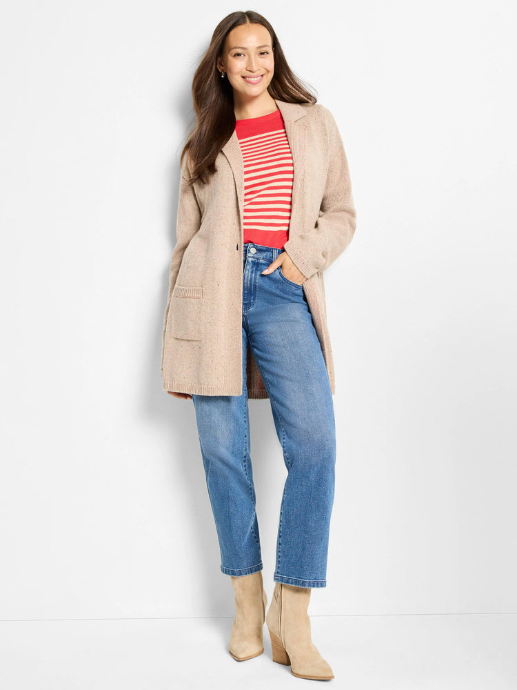 Long, light beige plaited cardigan coat with speckled knit, open front, and two patch pockets.